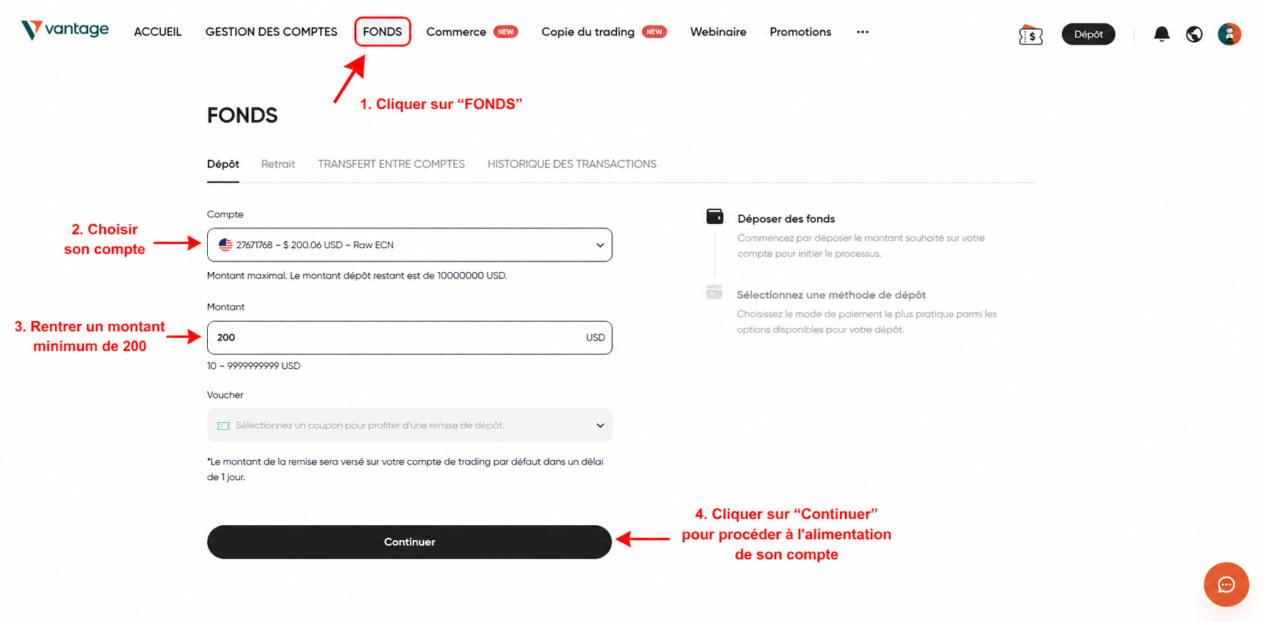 Étape 4 - Déposer des fonds