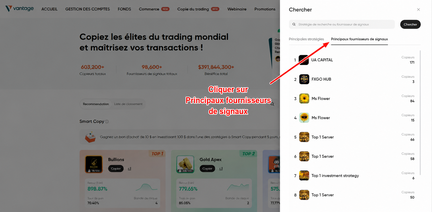 Étape 7 - Cliquer sur principaux fournisseurs de signaux